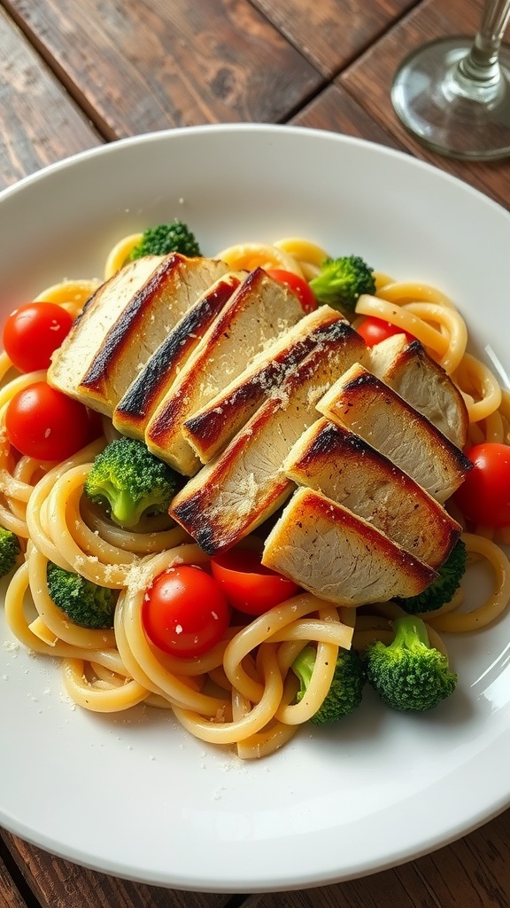 Simple and Delicious Dinners for Two A hearty dinner plate for two with grilled chicken, pasta, broccoli, and cherry tomatoes, garnished with Parmesan cheese.